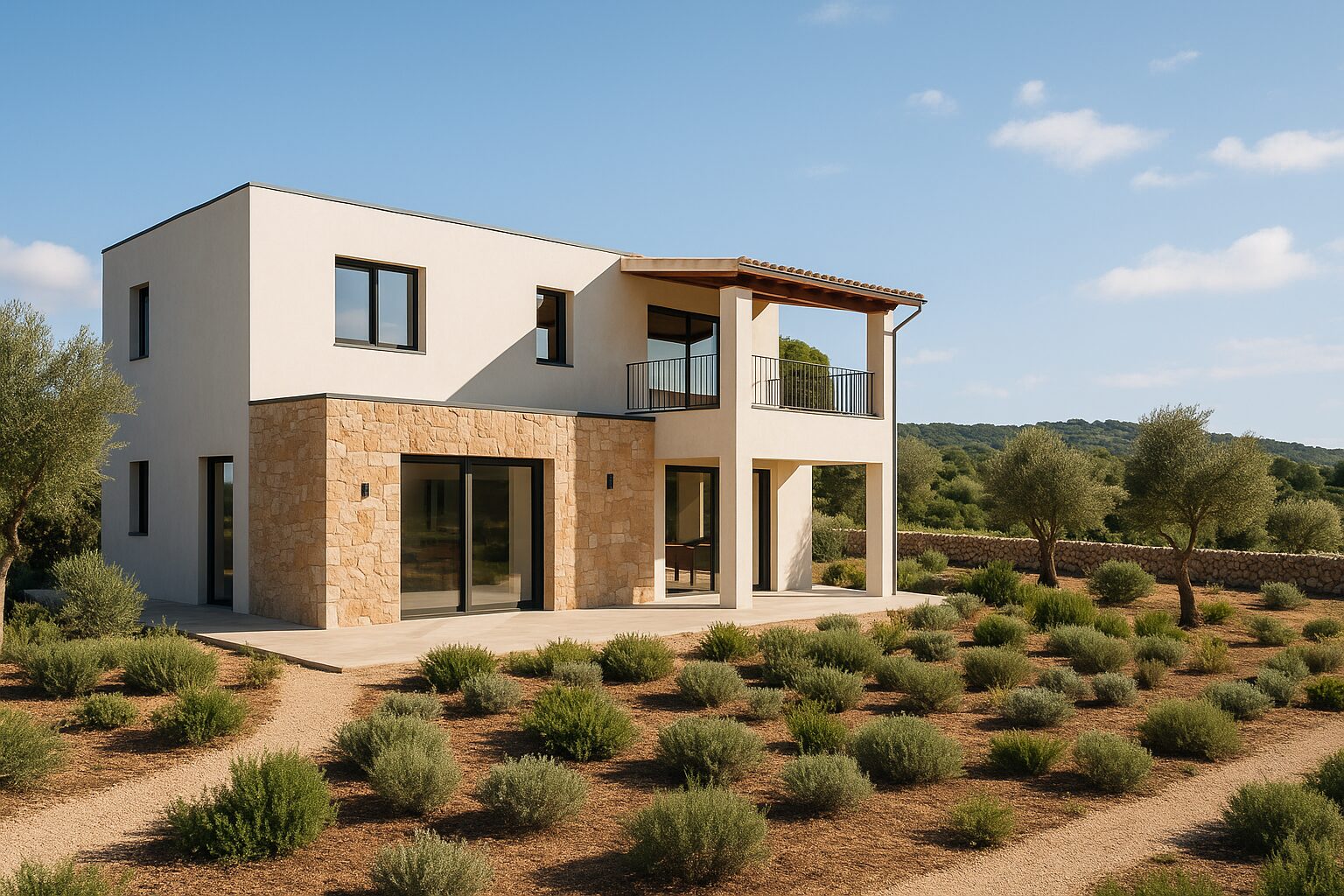 Vivienda prefabricada mediterránea en entorno rural de Mallorca con diseño contemporáneo